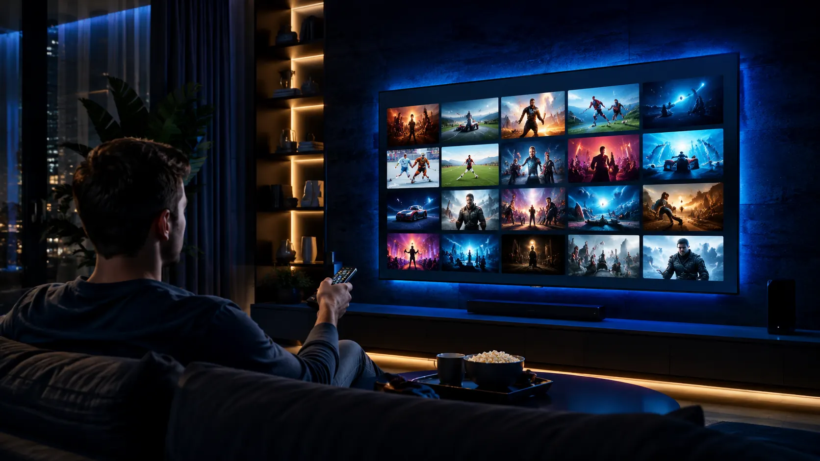 Mann auf dem Sofa mit Fernbedienung schaut auf einen großen 4K Smart TV mit IPTV-Sender-Grid aus Sport, Filmen und Serien in einem modernen Wohnzimmer
